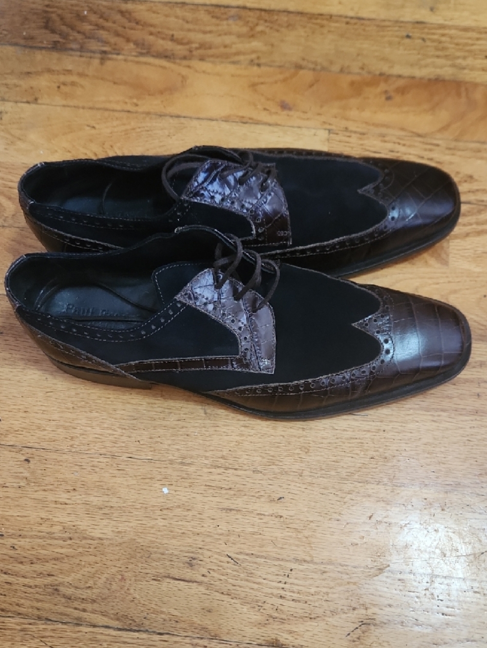 Paul Fredrick Black Suede and Brown Croc-Embossed Wingtip Oxfords Size 11